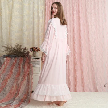 Pižamą ilgomis rankovėmis Sleepwear Medvilnės Nėriniai Pižamą Moteris Princesė Sleepwear Ilga Suknelė Rožinės spalvos Nightdress Prarasti Nightgowns