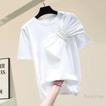 Pusė Lankas Apvalios Kaklo Balta Grynos Medvilnės trumpomis Rankovėmis Laisvi marškinėliai Moterims 2021 Naujo Dizaino Vasaros Top Tees Baltas Juodas