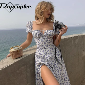 Rapcopter Mažų Gėlių Ilga Suknelė Moterims Padalinta Vasaros Suknelė Off Peties Derliaus Sundress Užrišti Holiday Beach Party Dress 2021