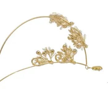 Romantiška Aukso Lapų Gėlių Crystal Pearl Vainikėliai Rožančiai Moterų Vandens Lašas Vinjetė Kaktos Nuotakos Šalis Vestuvių Plaukų Aksesuarai