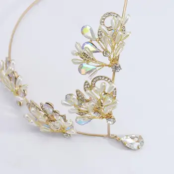 Romantiška Aukso Lapų Gėlių Crystal Pearl Vainikėliai Rožančiai Moterų Vandens Lašas Vinjetė Kaktos Nuotakos Šalis Vestuvių Plaukų Aksesuarai
