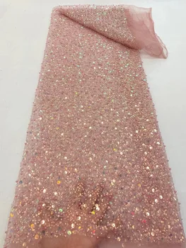 Rožinė China Karoliukai Nėrinių Audinio Dubajus 2021 Aukštos Kokybės prancūzų karoliukai Nėrinių Audiniai 5 Metrų Vestuvių suknelė