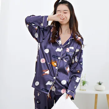 Satino Spausdintų Pižama Kostiumas Moterų Atsitiktinis Atvartas, Pižamos 2VNT Miego Rinkinys Su Mygtukais 2021 M. Pavasarį Naujas Sleepwear Namų Drabužių