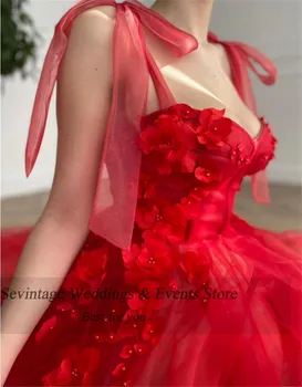 Sevintage Raudona 3D Gėlės Ilgai Prom Dress Linijos, Perlai Spageti Dirželis Vestuves Chalatai 2021 Princesė Tiulio Vakaro Suknelės