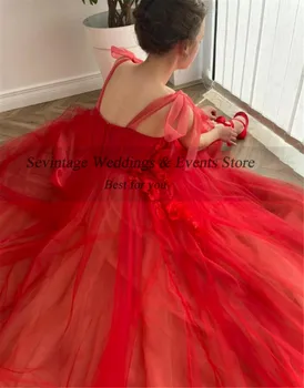 Sevintage Raudona 3D Gėlės Ilgai Prom Dress Linijos, Perlai Spageti Dirželis Vestuves Chalatai 2021 Princesė Tiulio Vakaro Suknelės