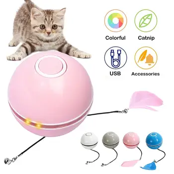 Smart Interaktyvi Katė Žaislas Kamuolys spalvotu LED Savaime Sukasi Kamuolys Su Katžolių Bell Plunksna, USB Įkrovimo Katė Žaislas Kamuolys