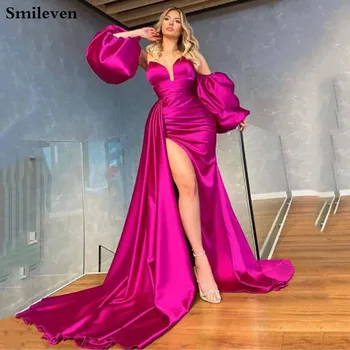 Smileven Hot Pink Didelis Sluoksniuotos Rankovėmis Oficialią Vakaro Suknelė Undinė Ilgas Aukštas Pusės Split Promenadzie Suknelė Seksualus Dubajus Garsenybių Suknelės 2021