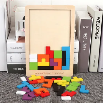 Spalvinga 3D Dėlionė Medinė Tangram Matematikos Žaislai Vaikams Pre-school Magination Intelektinės Švietimo Žaislas Vaikams Tetris Žaidimas