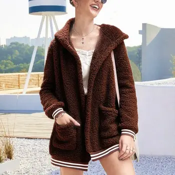 Striukės, paltai moterims 2021 m. rudens žiemos vientisos spalvos ilgomis rankovėmis kišenėje moteris outwears gobtuvu atsitiktinis kailis moteriškos striukės plius dydis