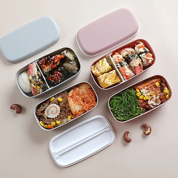 Sveikos Medžiaga, Pietūs Lauke 2 Sluoksnis Kviečių Šiaudų Bento Dėžutes, Mikrobangų Krosnelė, Indai Maisto Produktams Laikyti Maisto Konteineryje Lunchbox Bakas