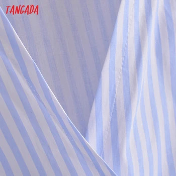 Tangada Moterų Retro Mėlyna Dryžuotas Crb Palaidinė Marškinėliai su Brūkšniu ilgomis Rankovėmis 2021 Elegantiškos Moteriškos Marškinėliai Topai 3W161