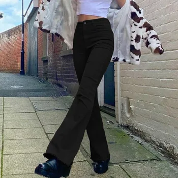 Tiesios Kelnės Moterims Aukšto Juosmens Derliaus Kelnės Ruožas Užsiliepsnojo Kelnės Atsitiktinis Streetwear Kelnes Pantalones De Mujer