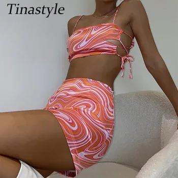 Tinastyle Mados Printted Šalis Apranga Moterims Dviejų Dalių Komplektas Apkarpyti Viršūnes Ir Sijonai Kostiumas Moterų Nėriniai Bodycon Clubwear Vestidos