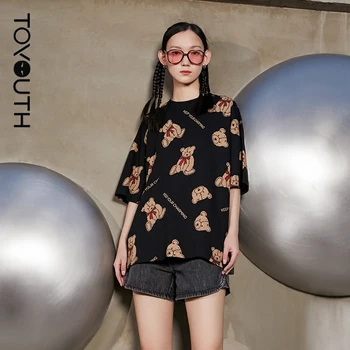 Toyouth Moterų Tees 2021 M. Vasarą trumpomis Rankovėmis Apvalios Kaklo Laisvi marškinėliai Meškiukas Spausdinti Mados Chill Streetwear Viršūnės