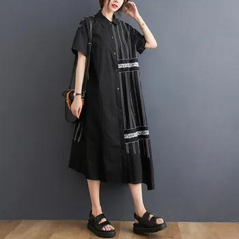 Trumpos rankovės, juodos spalvos medvilnės derliaus suknelės moterims atsitiktinis palaidų ilgai moters vasaros marškinėliai suknelė elegantiškas drabužius 2021