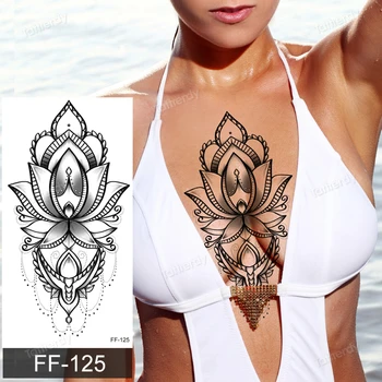 Underboob laikina tatuiruotė moterų sexy krūties kūno tatuiruotės mėnulis juodosios chnos nėrinių netikrą tatuiruotę mandala lotoso gėlės plunksna