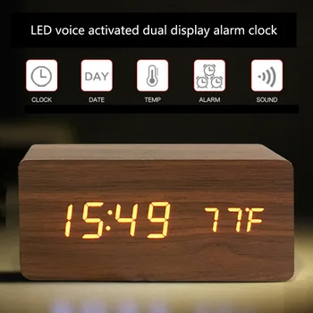 USB / AAA Laikrodis LED Mediniai Žadintuvas, Šviesos Išjungimo Temperatūra Dvigubas Ekranas Balso Kontrolės Mediniai Elektroninių Darbastalio Apdaila