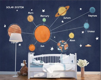 Užsakymą tapetai, cartoon ranka-dažytos vietos planetą visatoje gyvenamojo kambario, miegamojo, vaikų kambario foną 3D tapetai, freskos