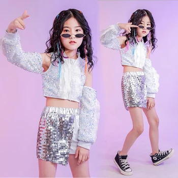 Vaikai China Hip-Hop Drabužių, Kostiumų Off Peties Pasėlių Top ilgomis Rankovėmis Marškinėliai Šortai Mergaitėms Džiazo Šokių Apranga, Dėvėti Drabužiai