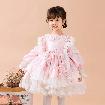 Vaikų Nėrinių vaikai Dressses Pavasarį, Rudenį Merginos Ispanija Lotia Boutique Suknelė Lankas Vaikams ilgomis Rankovėmis Kamuolys Chalatai Baby girl apranga