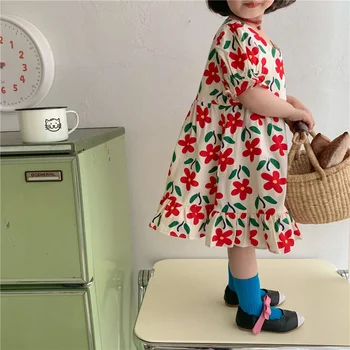 Vasaros 2021 mergaičių gėlėti atsitiktinis suknelės korėjos stiliaus mielas vaikų trumpomis rankovėmis mažoji princesė suknelė 2-6Y
