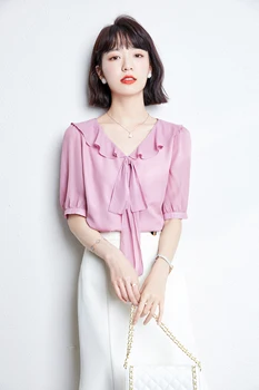 Vasaros Korėjos Moterų Marškiniai Moteris Rožinės Spalvos Šifono Office Lady Marškinėliai Moterims Akių Trumpomis Rankovėmis Palaidinės, Topai Juodi Marškinėliai
