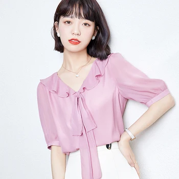 Vasaros Korėjos Moterų Marškiniai Moteris Rožinės Spalvos Šifono Office Lady Marškinėliai Moterims Akių Trumpomis Rankovėmis Palaidinės, Topai Juodi Marškinėliai