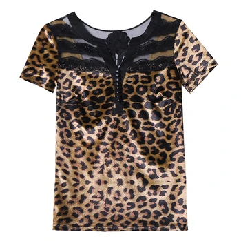 Vasaros korėjos Stiliaus Medvilnės Marškinėliai Leopard Seksualus V-Kaklo Mygtuką Kratinys Nėrinių Spindintys Deimantai Moterų Viršūnių Trumpas Rankovės Tees T15523A