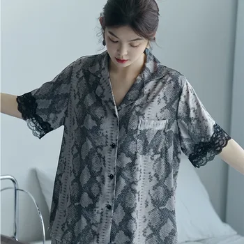 Vasaros Moterų Pižama Mados Imitacija Python Print Trumpas Rankovės Nėrinių Sleepwear Kaip Šilko Laisvalaikio Namuose Drabužiai, naktiniai drabužiai