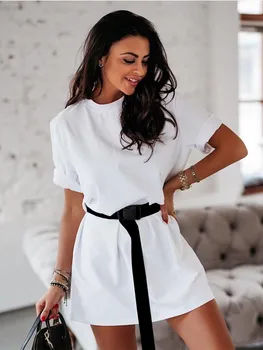 Vasarą Laisvas Basic Marškinėliai Suknelės su Diržu Moterų trumpomis Rankovėmis Juoda Balta Mini Suknelė Moterų Megzti Ilgas Marškinėliai, 2021 Suknelė