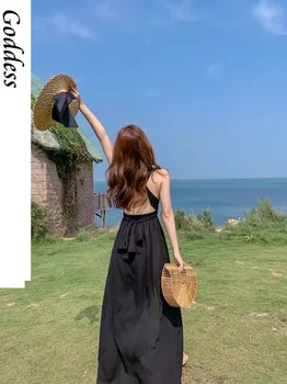 Vasarą Moterys Black Maxi Backless Seksuali Suknelė su Pamušalu 2021 Elegantiškas korėjos vakarėlis Beach Vacation Rnuway Ilgai Vestidos