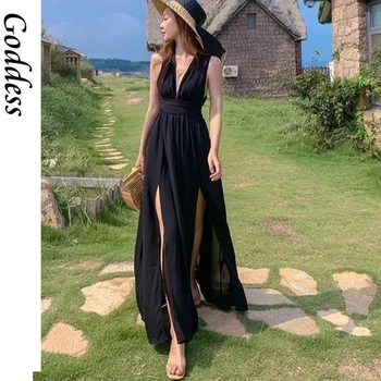 Vasarą Moterys Black Maxi Backless Seksuali Suknelė su Pamušalu 2021 Elegantiškas korėjos vakarėlis Beach Vacation Rnuway Ilgai Vestidos