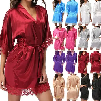 Vasarą Moterys Seksualus Mados Nightdress Satino Nėriniais Minkštas Chalatas Kimono Kietas Sleepwear Trikotažo Suknelė Suknelė Mantija Rinkiniai