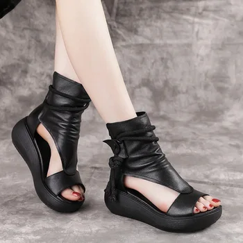 Vasarą ponios sandalai vidurio kulno aukštakulnį odos retro pleištai, ponios batai, sandalai ponios 2021