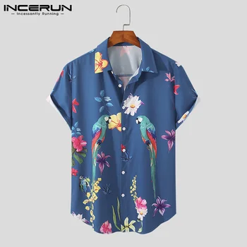 Vasarą Vyrai Havajų Marškinėliai Spausdinami Atvartas Trumpas Rankovės 2021 Atsitiktinis Vyrų Drabužių Streetwear Atostogų Mygtuką Camisas S-3XL INCERUN