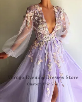 Verngo Elegantiška Violetinė Alyva Organza Prom Dresses Sluoksniuotos ilgomis Rankovėmis V-Kaklo, Ritininės 3D Gėlės Kristalų Vakare ypatinga Proga-Suknelė