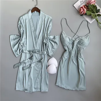 Vestuvių Chalatas Kimono Suknelė Vasarą Moterys Satino Kelio ilgis Pižamą Sleepwear Seksualus Atsitiktinis Palaidų naktiniai drabužiai Lace V-Neck Namų Drabužiai