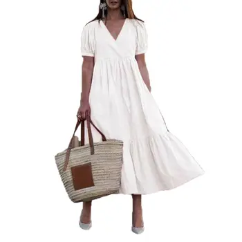 Vientisos Baltos Suknelės Moterims, 2021 M. Vasarą V-Kaklo Trumpomis Rankovėmis Swing Suknelė Atsitiktinis-Line Sundress Elegantiškas Moterų Suknelė
