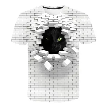 Vyrai 3D Katė Sienos Spausdinti Atsitiktinis Harajuku Moterys T-Shirt Vasaros Trumpas Rankovės O-kaklo Kokybės Trišakis berniukai grils Drabužius, Viršuje Moterų Marškinėliai