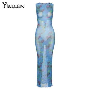 Yiallen Daugiaspalvis Spausdinimas Moterų Ilgas Elegantiškas Suknelė Aukštos Apykaklės Atsitiktinis Bodycon Suknelė Rudenį Streetwear Liesas Naują Tvarstį Suknelė