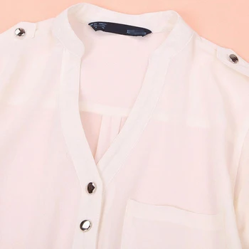 YMING Mados Šifono Moterų Palaidinė Mygtuką Balti Marškinėliai V Kaklu Moterų Blusas ilgomis Rankovėmis Tunika Ponios Viršų Atsitiktinis Moteris Drabužiai