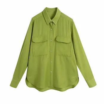 ZA 2021 Vintage Žalia Asimetrinė Marškinėliai Moterims ilgomis Rankovėmis Priekiniai Pleistras Kišenės Vasaros Marškiniai, Elegantiškos Atgal Klostyti Moteris Atsitiktinis Viršų