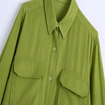 ZA 2021 Vintage Žalia Asimetrinė Marškinėliai Moterims ilgomis Rankovėmis Priekiniai Pleistras Kišenės Vasaros Marškiniai, Elegantiškos Atgal Klostyti Moteris Atsitiktinis Viršų