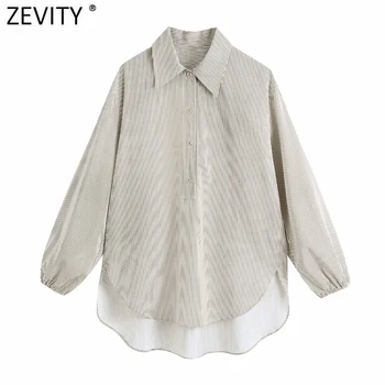 Zevity 2021 Moterų Derliaus Dryžuotas Spausdinti Atsitiktinis Smock Palaidinė Office Ponios ilgomis Rankovėmis Klostes Marškiniai, Elegantiškos Prarasti Blusas Viršūnes LS9504