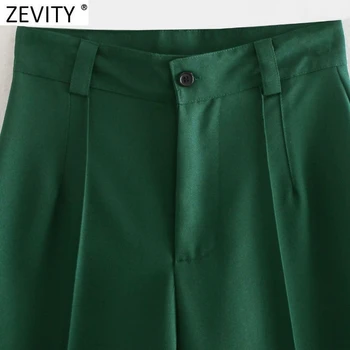 Zevity Moterų Derliaus Vientisos Žalios Spalvos Atsitiktinis Tiesios Kelnės Office Ponios Prašmatnus Užtrauktukas Skristi Ilgos Kelnės Pantalones Mujer P1157
