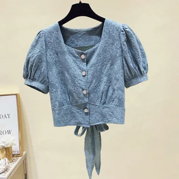 Zoki Mados Tvarstis Moterų Trumpi Marškinėliai Korėjos Mygtuką Iki Vasaros Derliaus Marškiniai, Elegantiškas Lankas Trumpas Rankovės Atsitiktinis Ponios Palaidinė