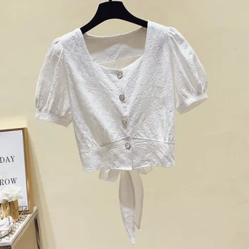 Zoki Mados Tvarstis Moterų Trumpi Marškinėliai Korėjos Mygtuką Iki Vasaros Derliaus Marškiniai, Elegantiškas Lankas Trumpas Rankovės Atsitiktinis Ponios Palaidinė