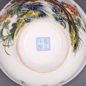 Čing Dinastijos Yongzheng Metų Ženklas Emalio Auksinis Fazanas Bijūnas Dubenį, Antikvariniai Porceliano Kolekcija